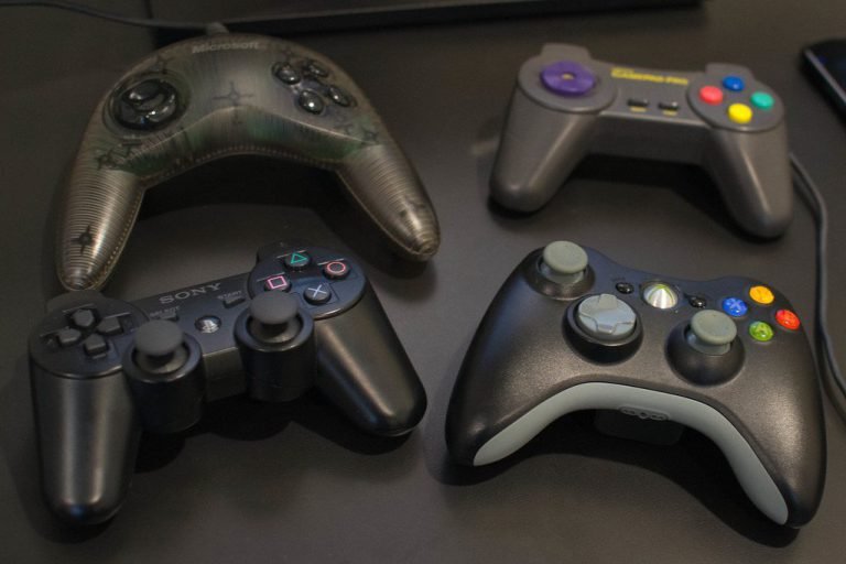 Game controllers on a desk