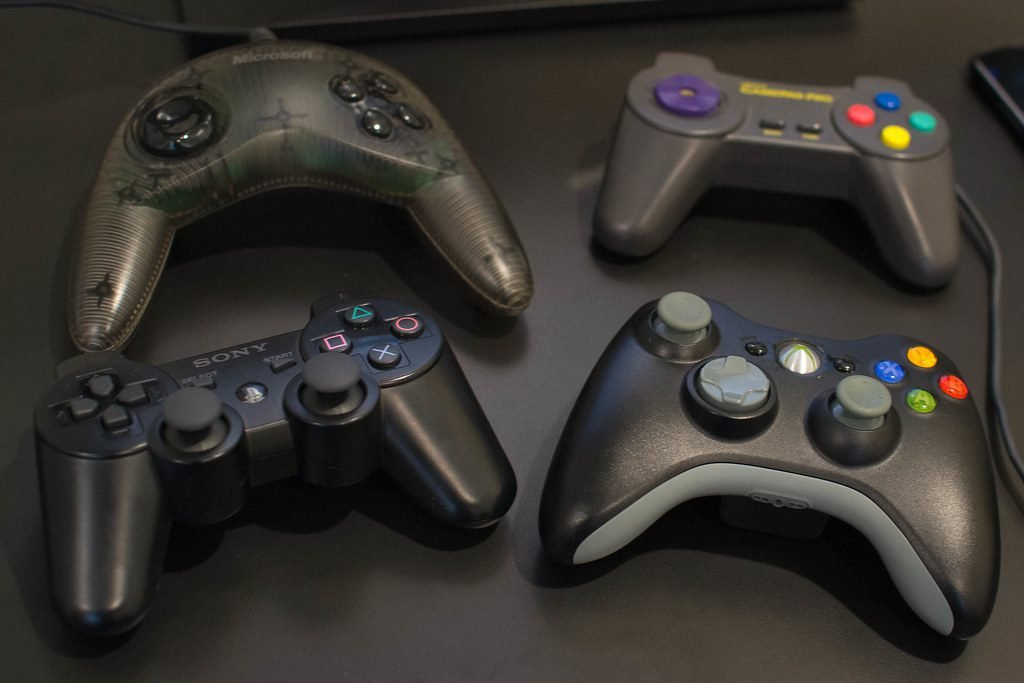Game controllers on a desk