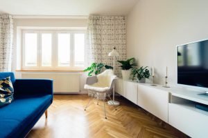 Modern living room with a wall-mounted TV