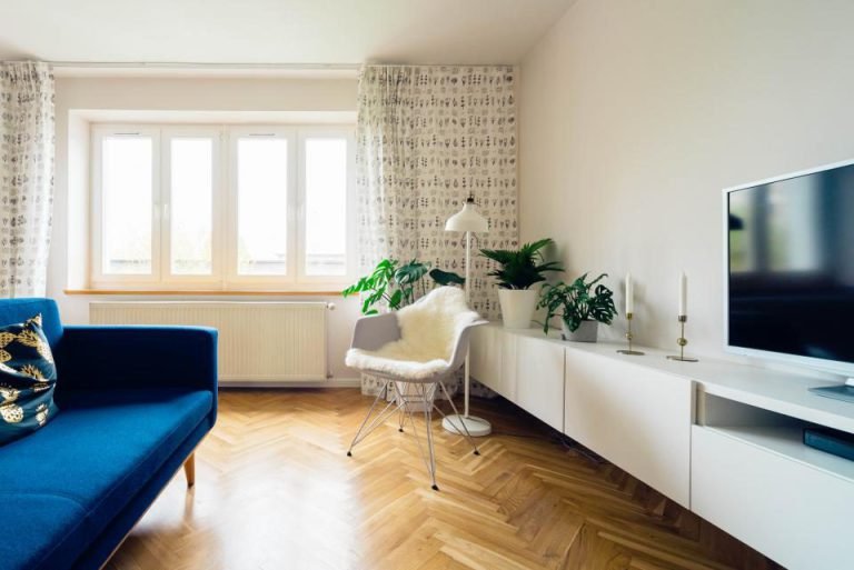 Modern living room with a wall-mounted TV