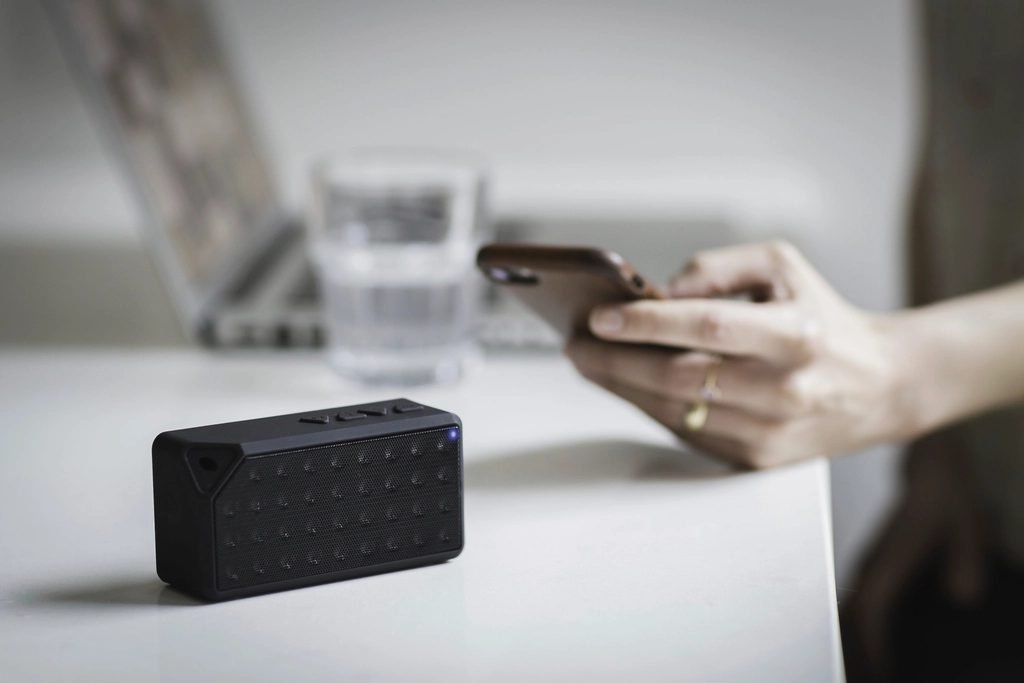 Portable Bluetooth speaker on a desk